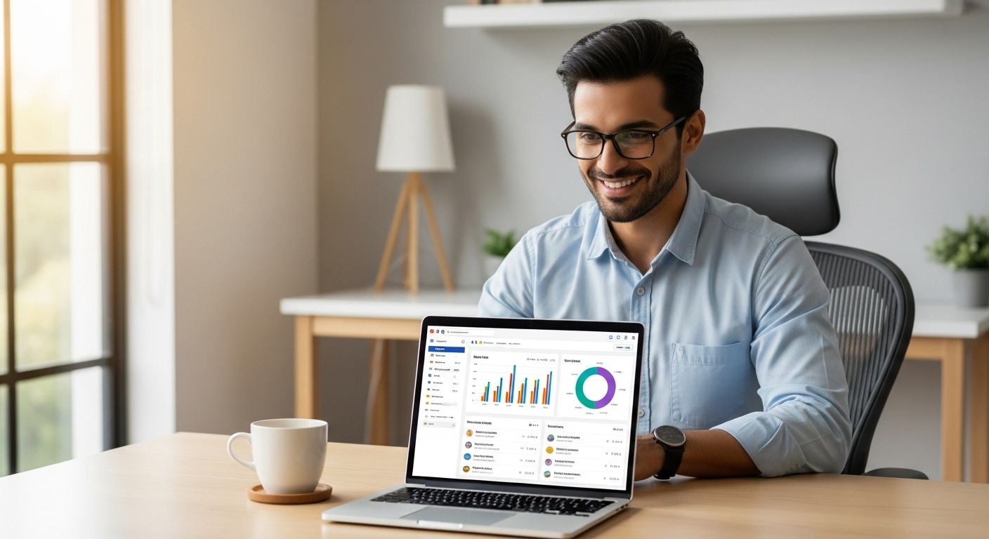 A business owner, a UK expat in their home office with a modern, minimalist design, looking confidently at their laptop screen, which displays a user-friendly CRM dashboard with colourful graphs and client information. A cup of tea or coffee is on the desk. Natural light fills the room. Photorealistic and inviting.