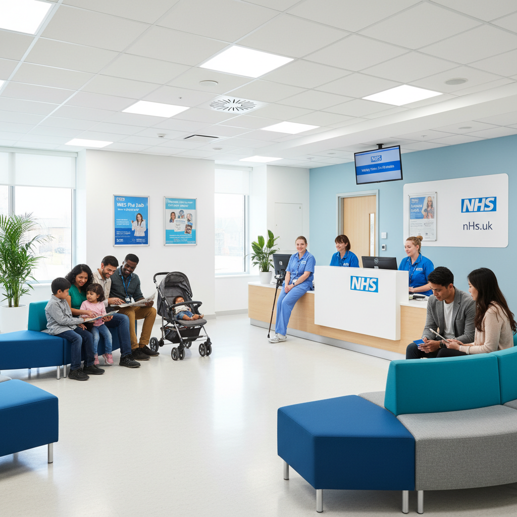 A diverse group of people, including families and individuals, waiting comfortably in a modern, brightly lit UK National Health Service (NHS) reception area. The overall atmosphere is calm and organized, with information posters clearly visible in the background. Photorealistic, wide shot.