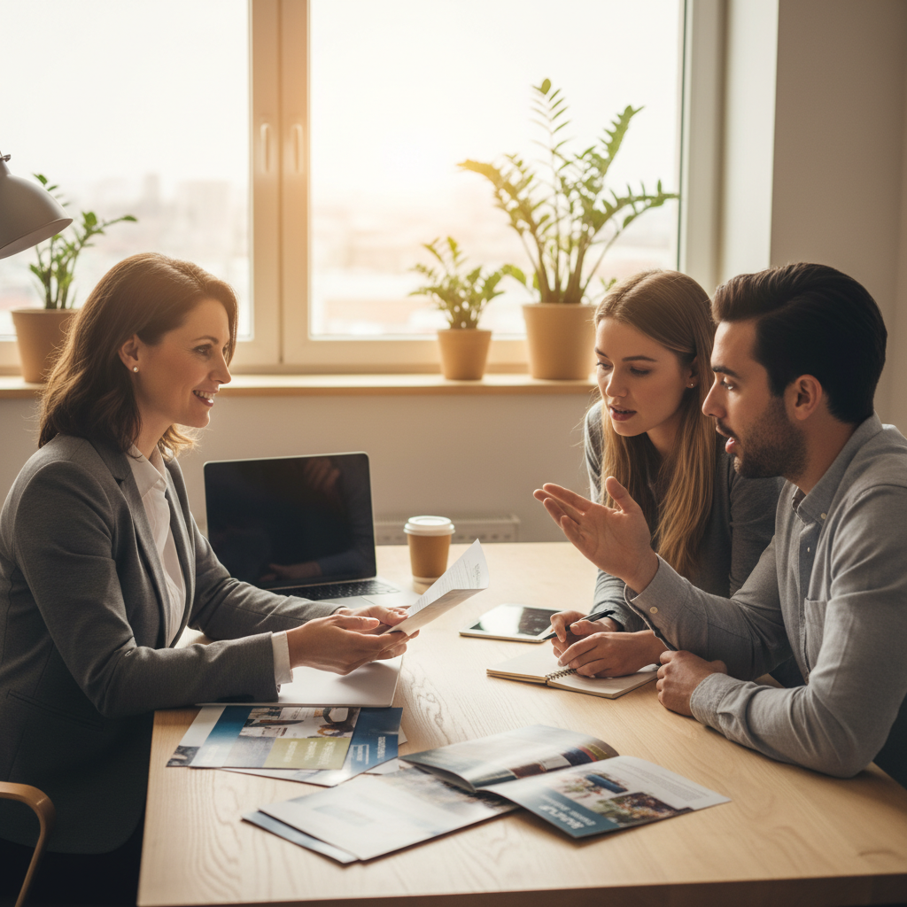A professional, friendly insurance agent smiling and explaining details of a health insurance policy to a young expat couple sitting at a modern office desk. The couple is attentively listening and asking questions. There are brochures and a laptop on the table. Photorealistic, warm lighting.