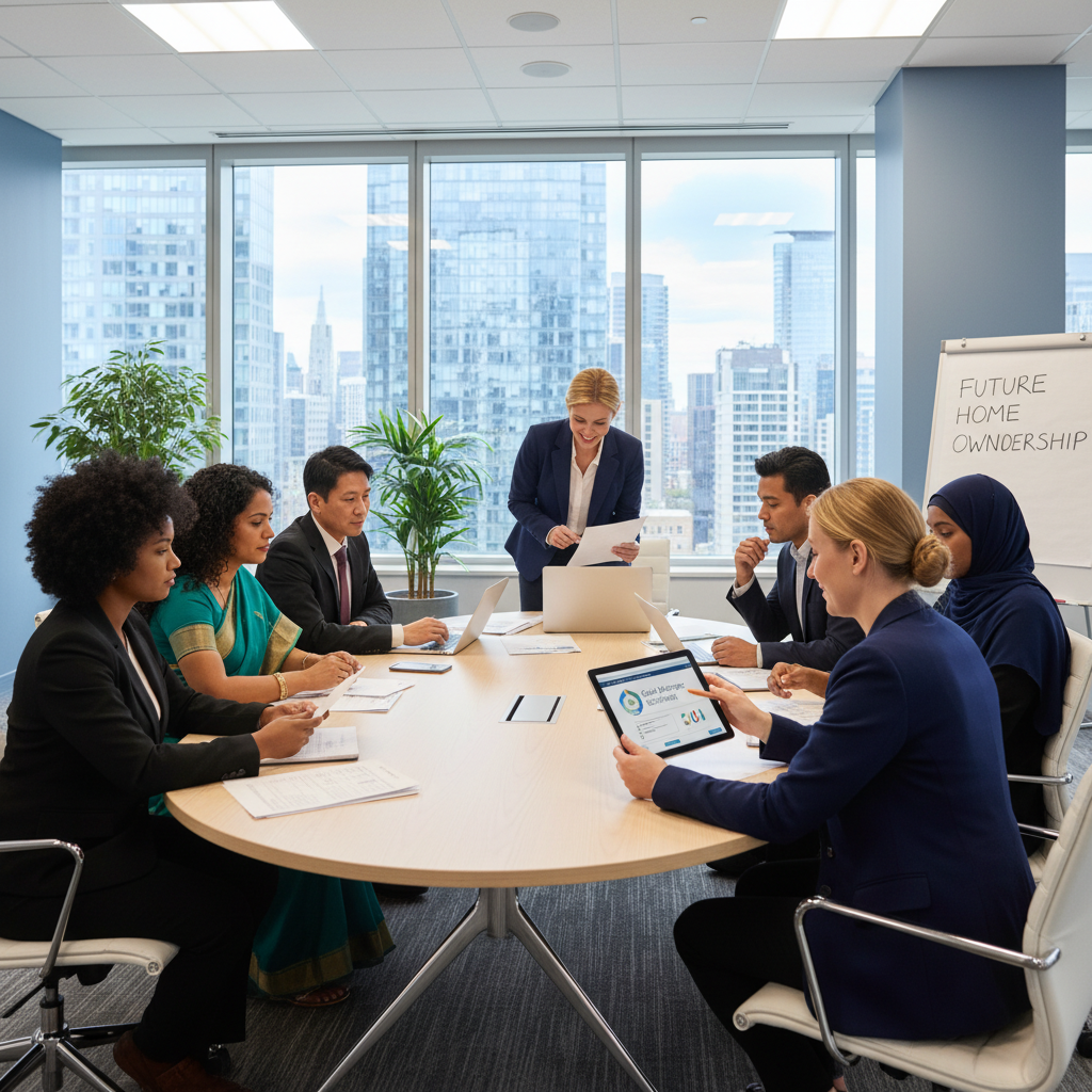 A diverse group of people from various countries sitting around a modern conference table, intently reviewing documents and discussing mortgage options with a friendly, knowledgeable financial advisor who is pointing to a digital document on a tablet. The setting is bright, professional, and welcoming, with a cityscape visible through the window.