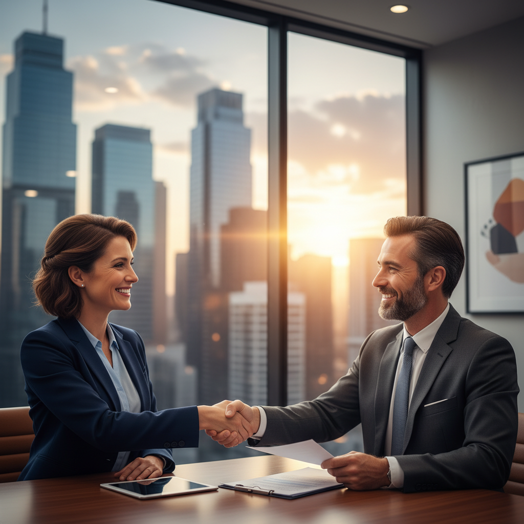 A smiling female financial advisor in a contemporary office, shaking hands warmly with an expat client who is also smiling, signifying a successful and positive agreement. Behind them, a large window offers a blurred but vibrant view of a city skyline, emphasizing achievement and professionalism.