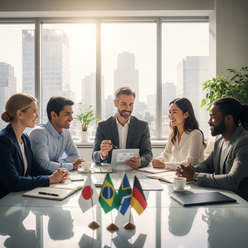 A diverse group of smiling expats from different countries sitting around a table, looking relaxed and confident, while a friendly tax advisor points to a document on a tablet. The setting is a modern, light-filled office.
