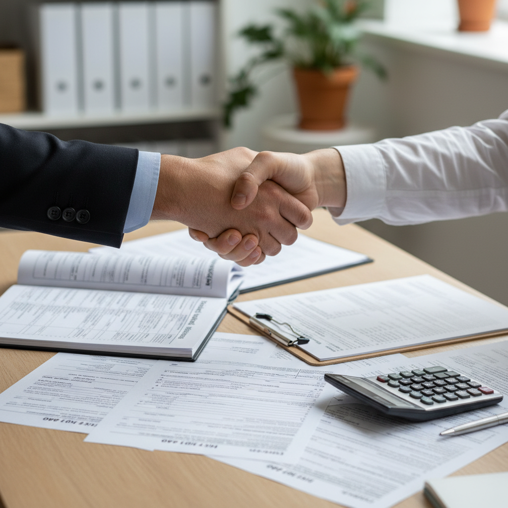 A close-up shot of hands shaking over a desk with various tax documents and a calculator, symbolizing trust and agreement between an expat client and a tax advisor. The background is blurred to focus on the handshake.