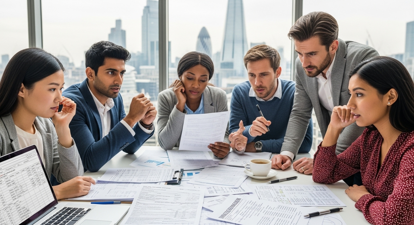 A detailed, photorealistic image of a diverse group of expats in a modern UK city setting, looking at complex financial documents with a confused expression, highlighting the challenges of managing finances abroad.