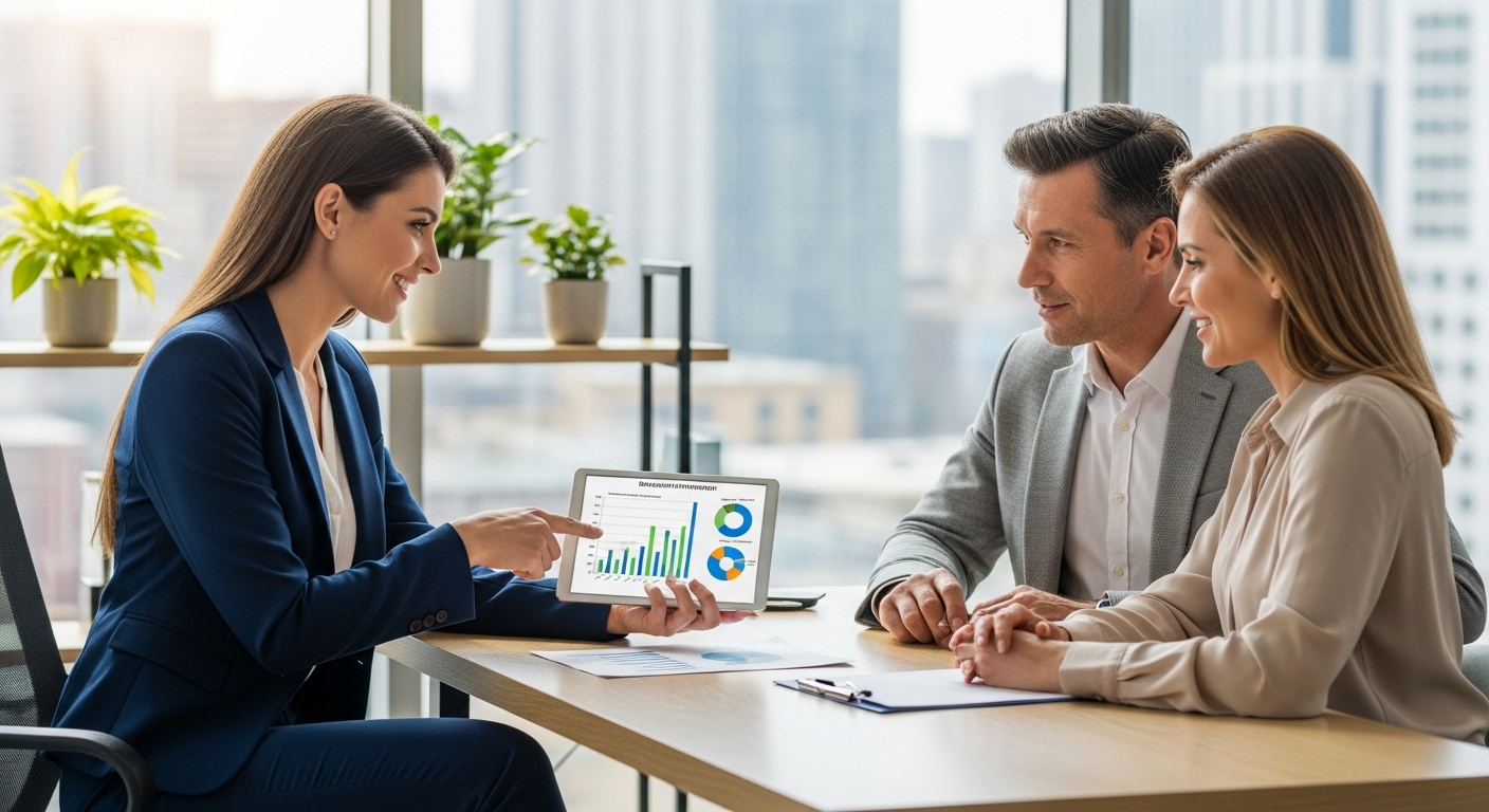 A photorealistic image of a financial advisor, dressed professionally, sitting across a desk from an expat couple in a modern office, pointing to a tablet displaying financial charts, representing clear and reassuring financial guidance.
