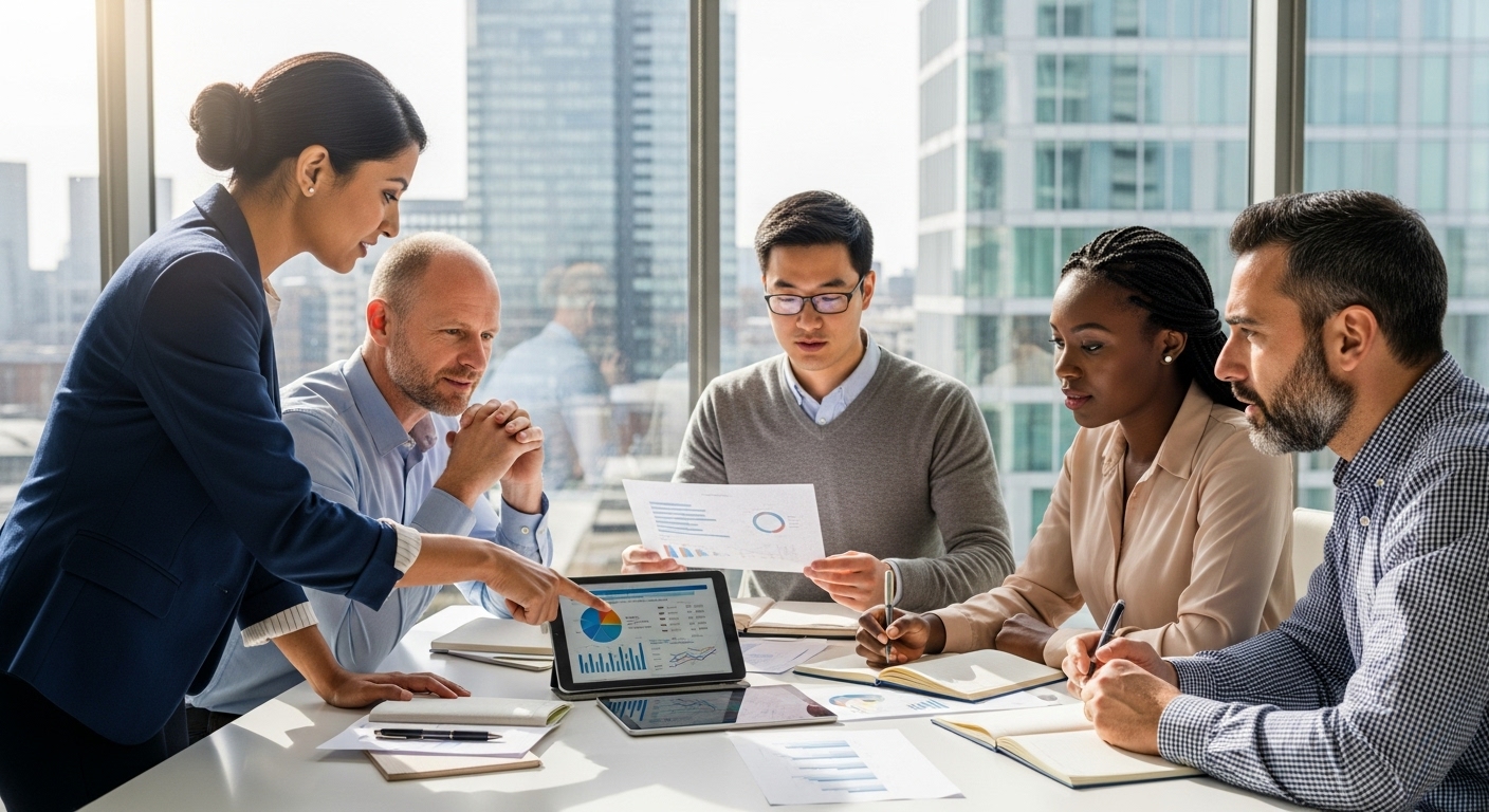 A diverse group of expat professionals from different cultural backgrounds are sitting around a modern conference table, reviewing charts and data related to the UK property market on a tablet. Sunlight streams through a large window overlooking a cityscape. The mood is optimistic and collaborative, showing them planning their investments. Photorealistic, high-resolution.