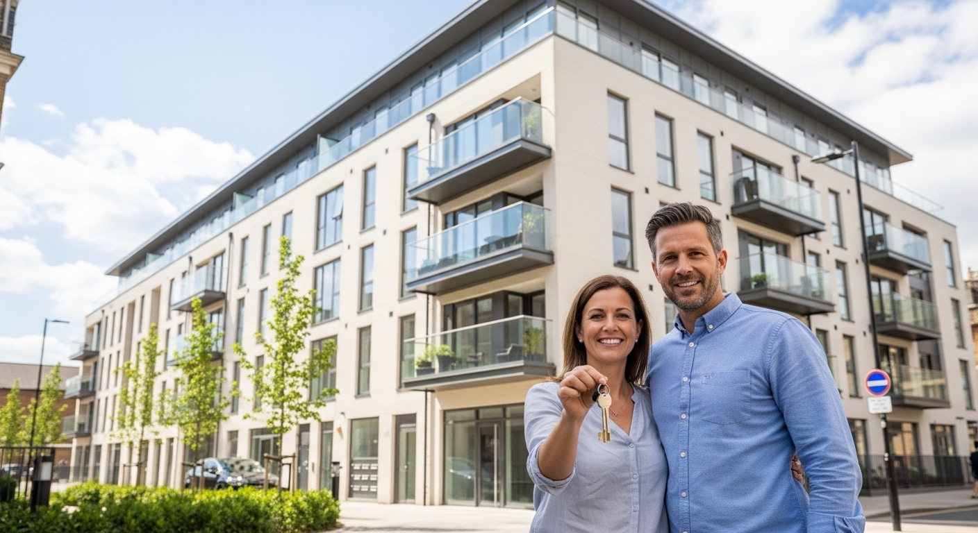 An expat couple, both in their 40s, stand proudly in front of a modern, newly constructed apartment building in a vibrant UK city. They are holding a set of keys and smiling, indicating a successful property investment. The building is sleek, with large windows and balconies, and the street is clean with some greenery. The overall impression is one of accomplishment and smart investment. Photorealistic, sunny day.