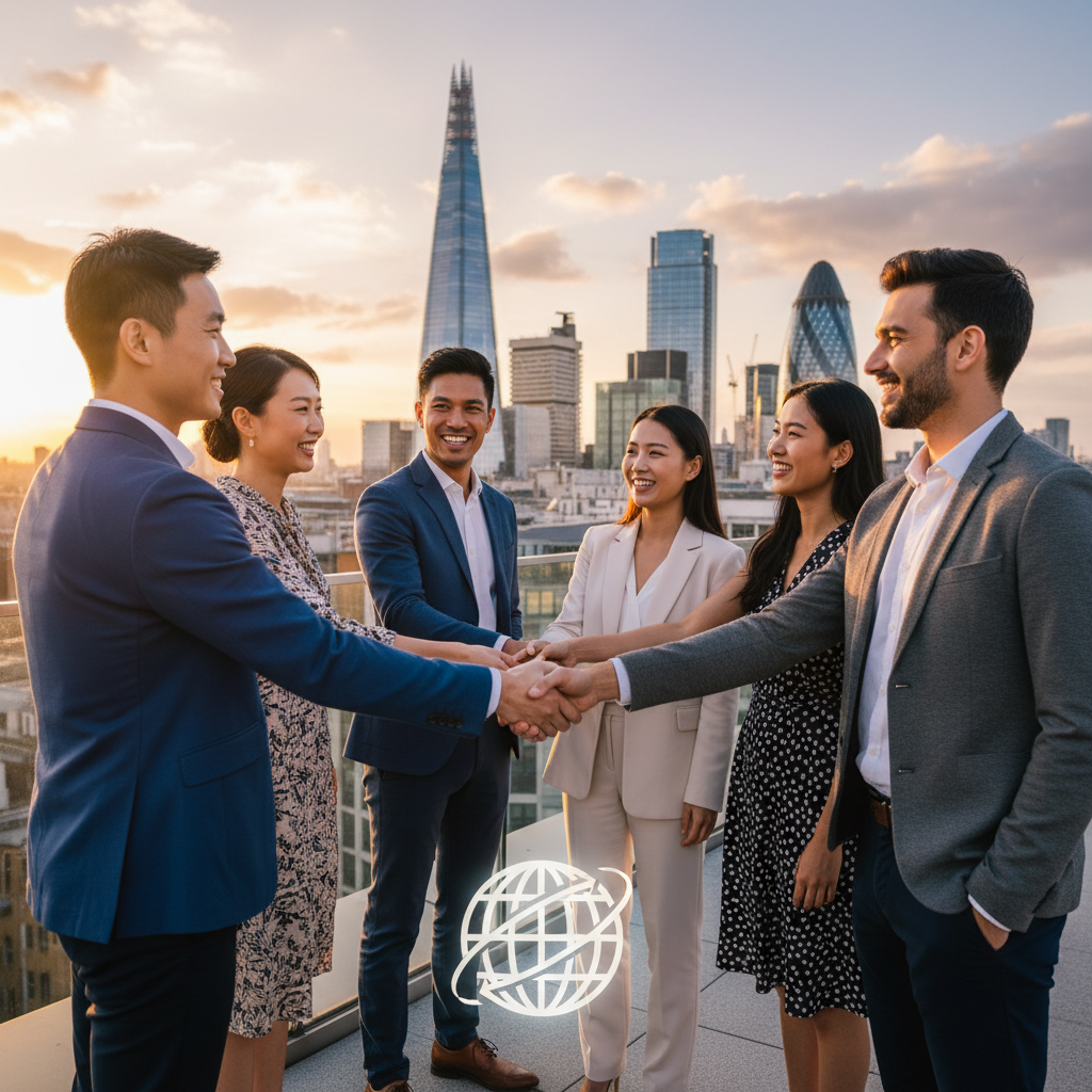 A diverse group of international entrepreneurs smiling and shaking hands in front of a modern London skyline, symbolizing collaboration and global business. The scene is bright and optimistic, captured with a wide-angle lens for a grand feel.