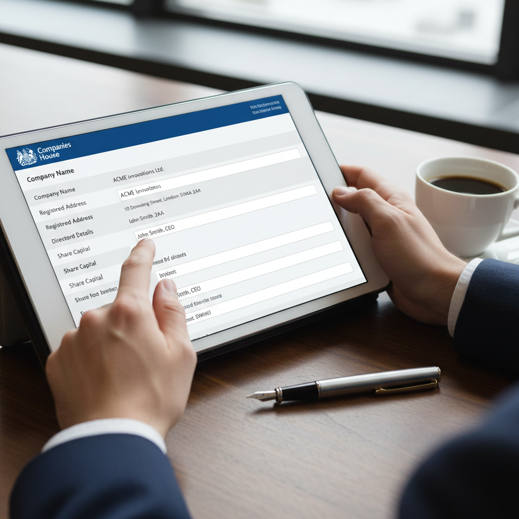 A close-up, high-angle shot of hands holding a tablet displaying a UK company registration form, with a cup of coffee and a pen on a clean, modern desk. The focus is on the details of the form, conveying accuracy and careful process.