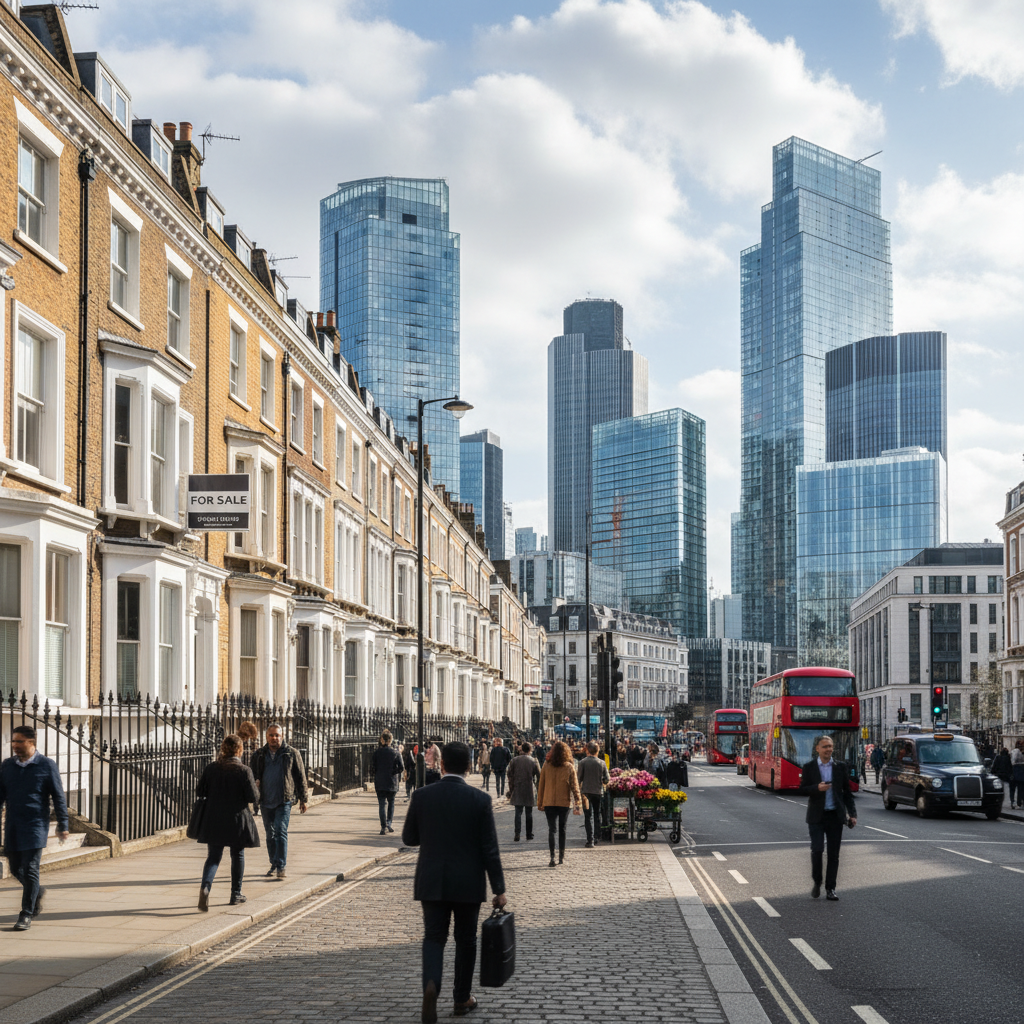 A wide shot of a bustling London street with iconic red brick buildings and modern skyscrapers in the background, showing diverse architecture. A 'For Sale' sign is visible on one of the classic terraced houses. The overall mood is active and prosperous, with people walking by, highly detailed and photorealistic.