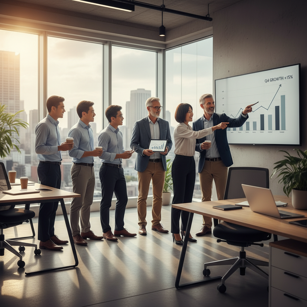 A diverse group of people, representing different nationalities and ages, happily interacting in a modern, light-filled financial office. They are looking at a tablet showing charts and graphs, and one person is pointing at a financial projection on a large screen. The atmosphere is collaborative and optimistic, highly detailed and photorealistic.