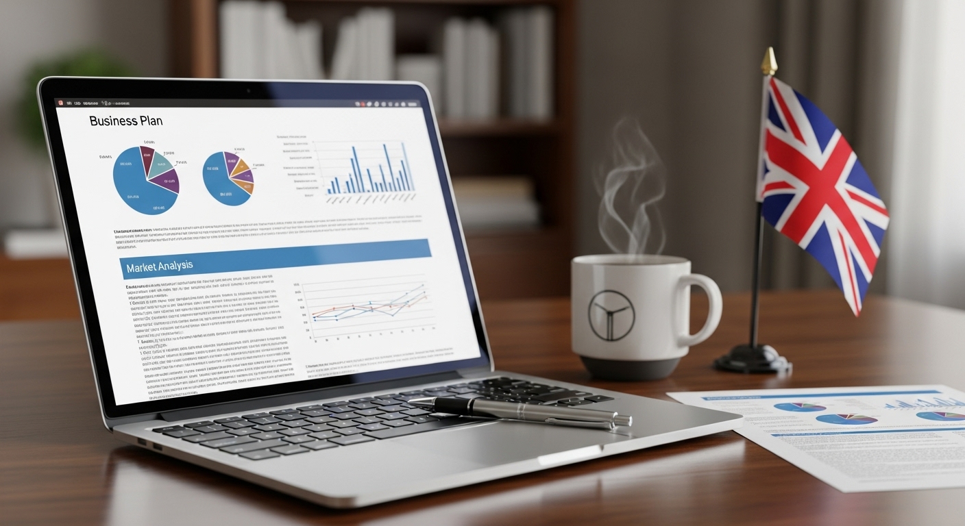 A detailed, close-up shot of a well-organized business plan document open on a sleek laptop, with a pen, coffee mug, and a small British flag on a desk in a professional home office setting, illustrating meticulous planning and preparation.