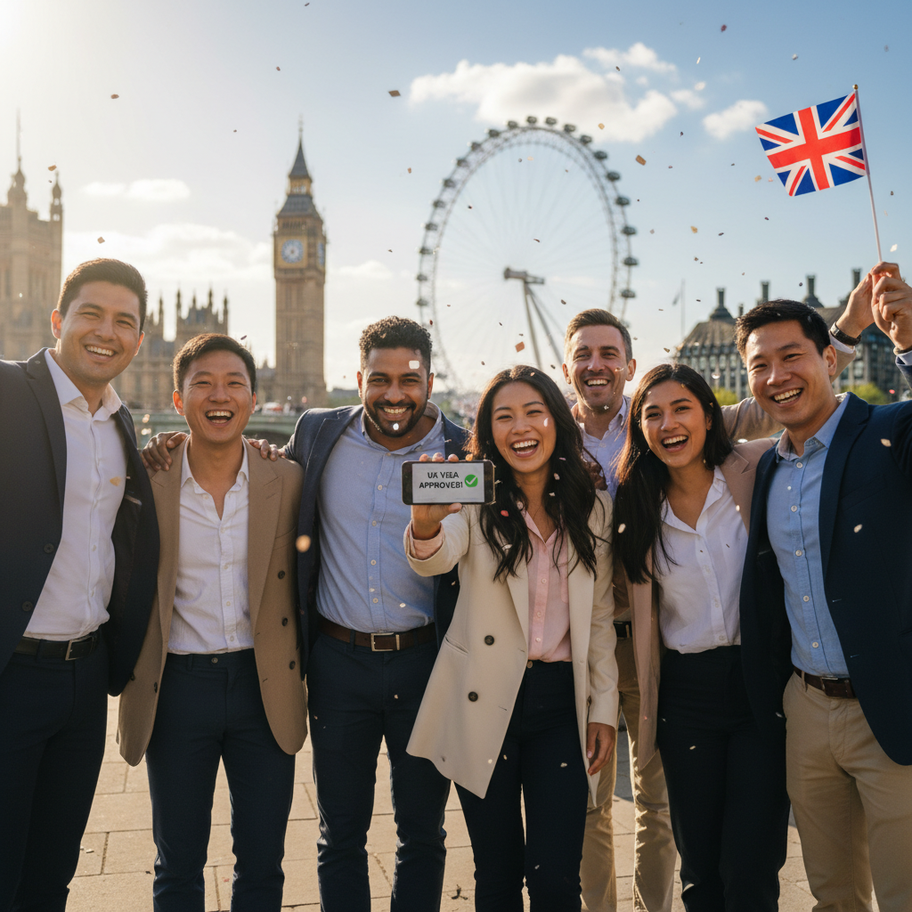 A diverse group of happy expats celebrating their successful UK visa approval, with iconic London landmarks like Big Ben and the London Eye in a slightly blurred background, sunny day, highly detailed and photorealistic.