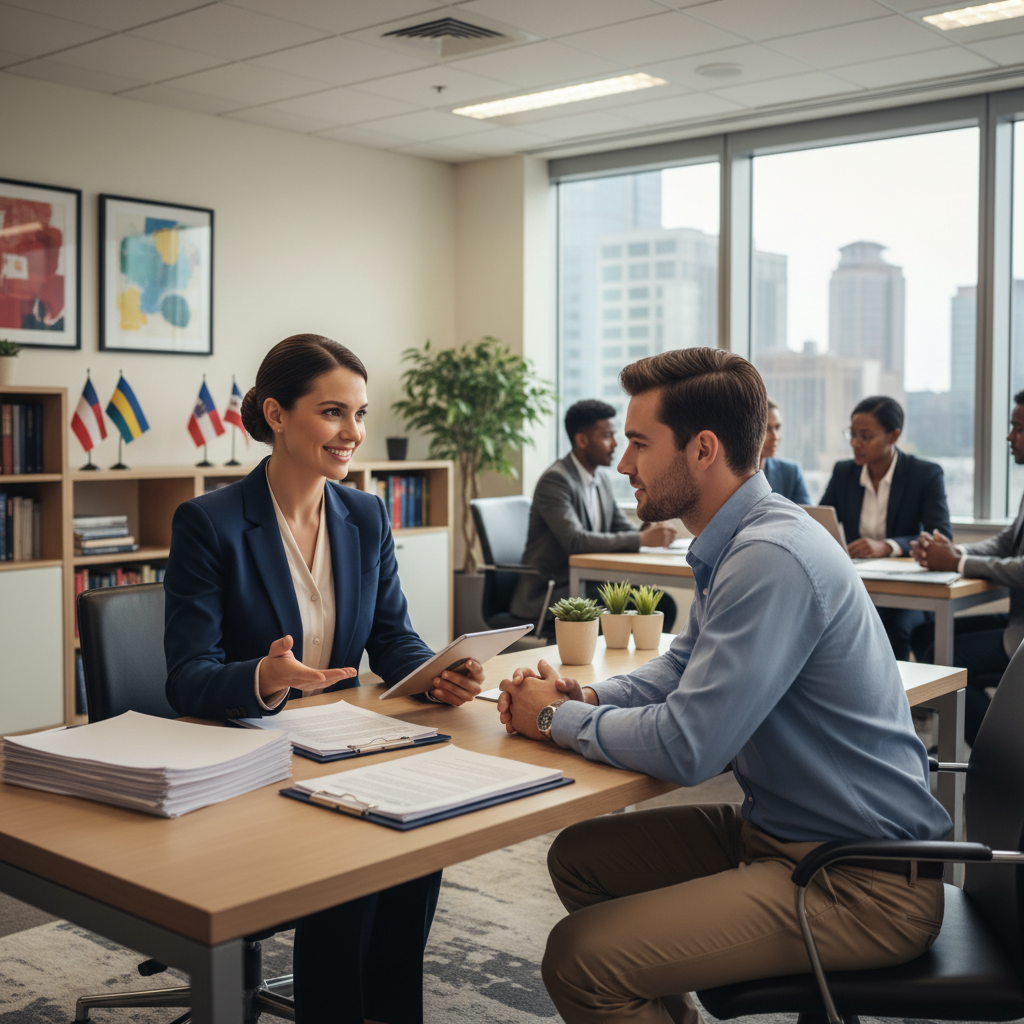 A professional female immigration lawyer in a modern, well-lit office, explaining documents to a an expat client with a reassuring smile, diverse, contemporary office decor, highly detailed and photorealistic.